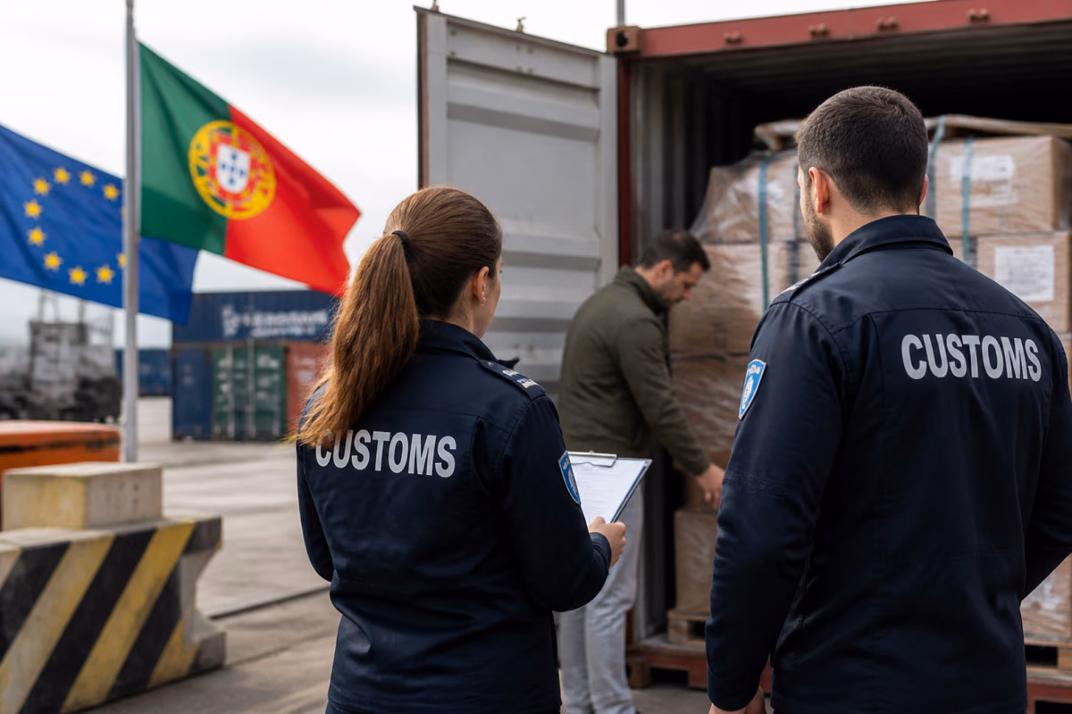 Celníci sledují muže, který kontroluje krabice v kontejneru v přístavu s vlajkami Portugalska a EU